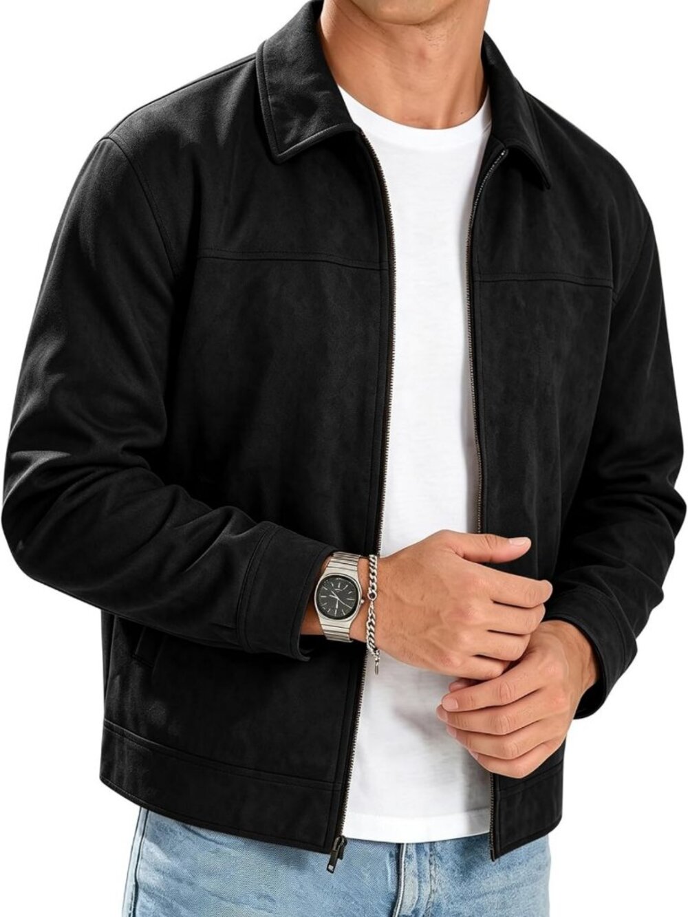 Men's Faux Suede Collared Full Zip Casual Jacket - Stylish & Versatile Outerwear